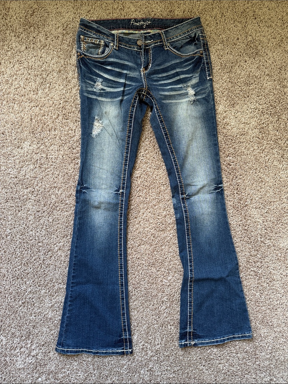 Amethyst Jeans Women's Faded Distressed Flare Jeans - Blue